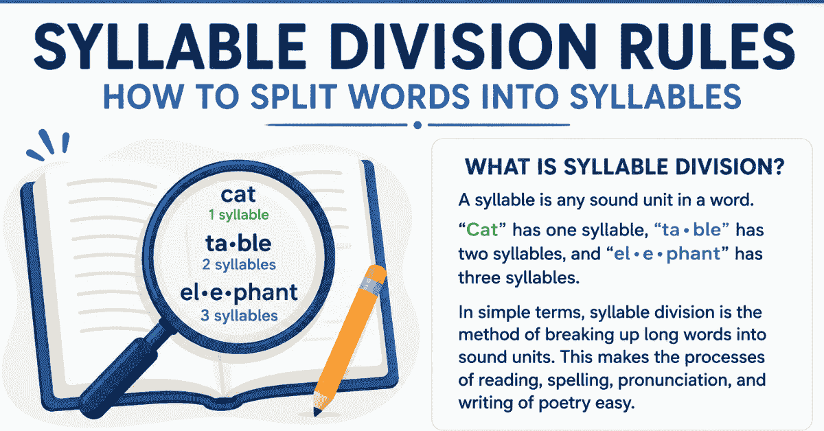 Syllable division rules showing VCCV, VCV and consonant plus le examples